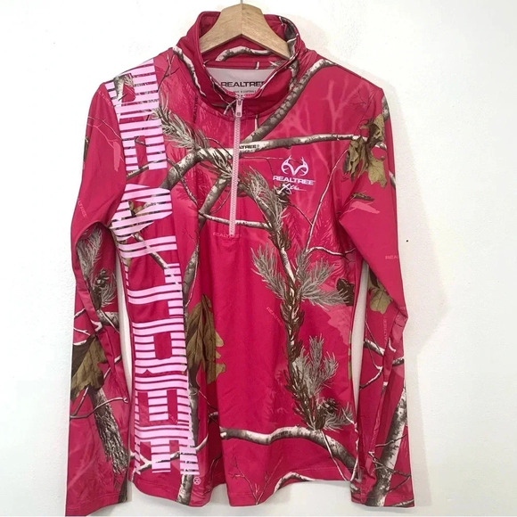 Realtree Shirt Woman Large Pink Print  1/4 Zip Activewear Long Sleeve Stretch - Picture 1 of 12